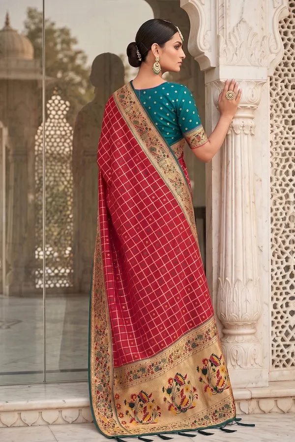 Wedding_Red_Banarasi_Silk_Saree_With_Meenakari_Paithani_Pallu_And_Rama_Green_Blouse_Default_Title