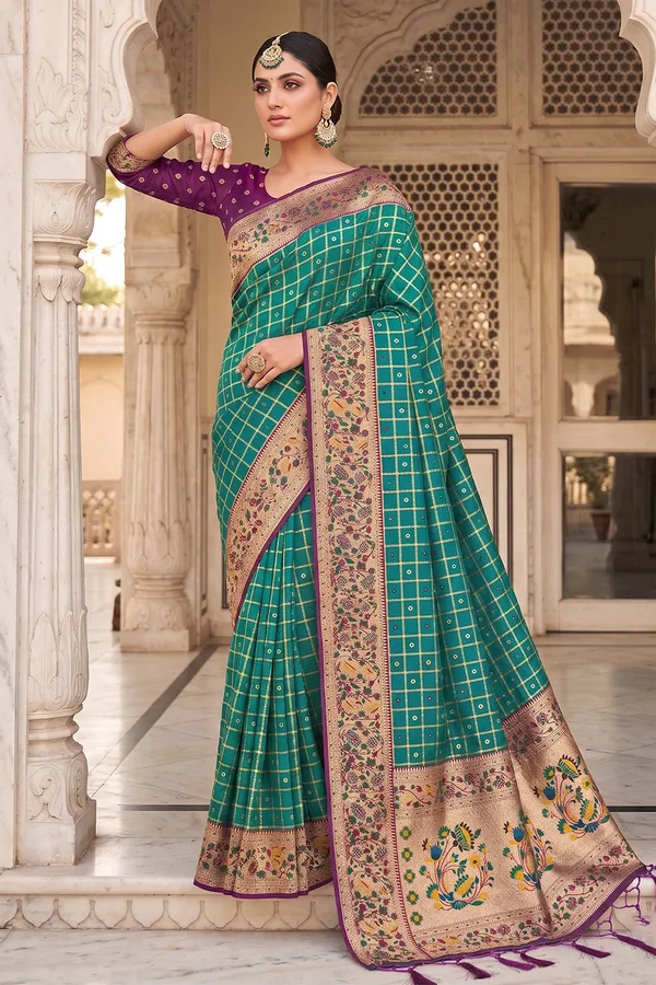 Rama_Green_Banarasi_Silk_Saree_With_Meenakari_Paithani_Pallu_And_Deep_Purple_Blouse_Default_Title