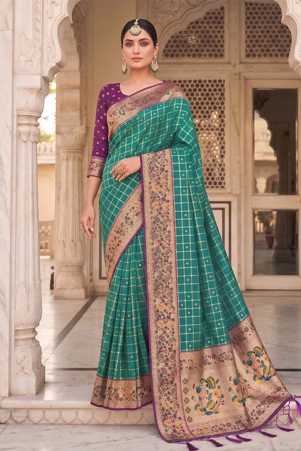 Rama_Green_Banarasi_Silk_Saree_With_Meenakari_Paithani_Pallu_And_Deep_Purple_Blouse_Default_Title