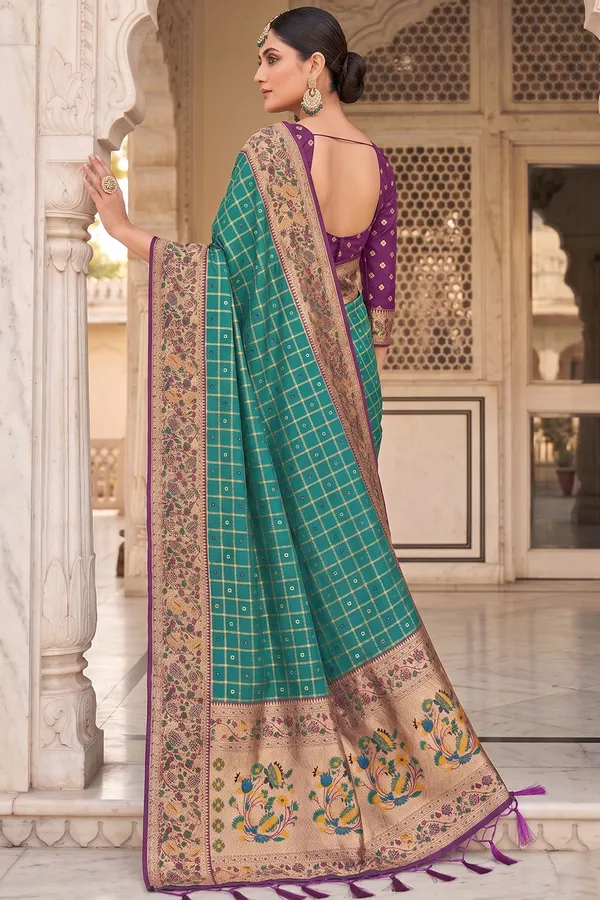 Rama_Green_Banarasi_Silk_Saree_With_Meenakari_Paithani_Pallu_And_Deep_Purple_Blouse_Default_Title