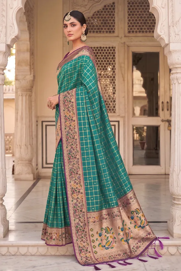 Rama_Green_Banarasi_Silk_Saree_With_Meenakari_Paithani_Pallu_And_Deep_Purple_Blouse_Default_Title