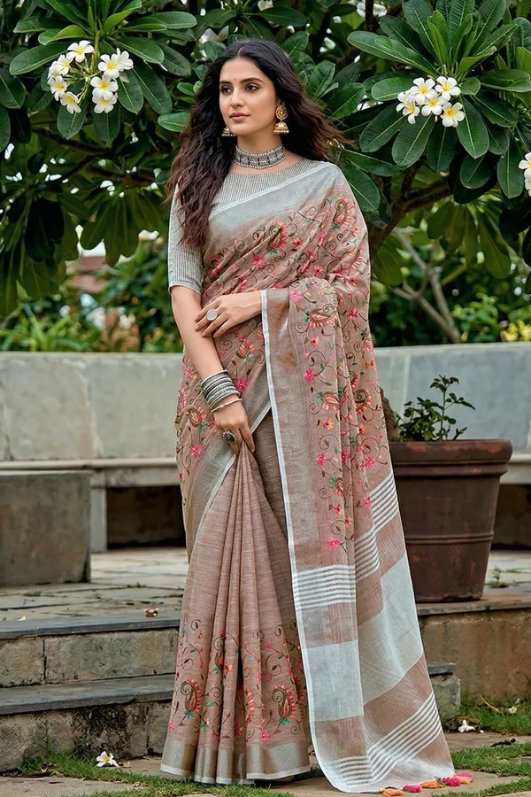 Beige_Brown_Linen_Cotton_Saree_With_Floral_Embroidery_Work_Default_Title