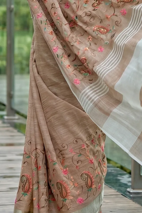 Beige_Brown_Linen_Cotton_Saree_With_Floral_Embroidery_Work_Default_Title