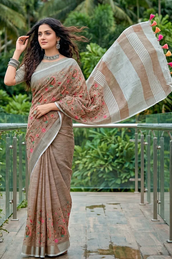 Beige_Brown_Linen_Cotton_Saree_With_Floral_Embroidery_Work_Default_Title