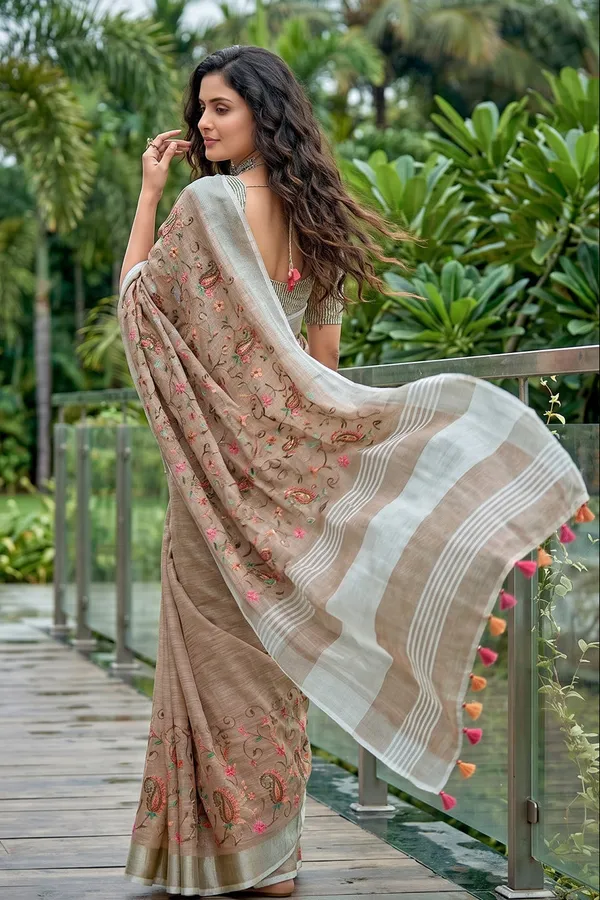 Beige_Brown_Linen_Cotton_Saree_With_Floral_Embroidery_Work_Default_Title