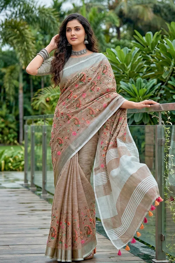 Beige_Brown_Linen_Cotton_Saree_With_Floral_Embroidery_Work_Default_Title