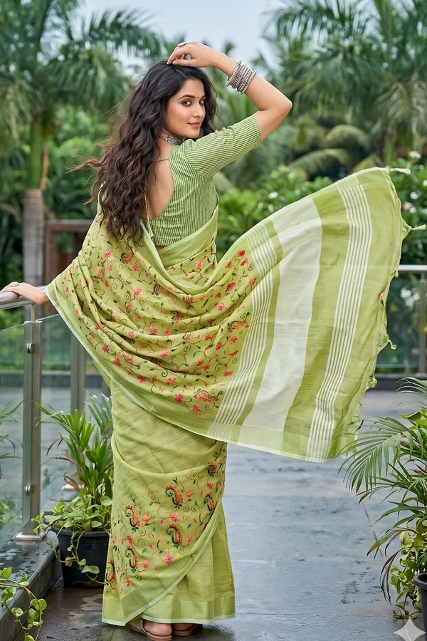 Pista_Green_Linen_Cotton_Saree_With_Floral_Embroidery_Work_Default_Title