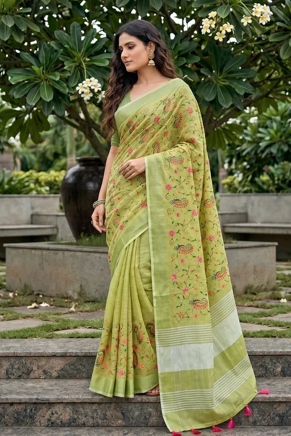 Pista_Green_Linen_Cotton_Saree_With_Floral_Embroidery_Work_Default_Title