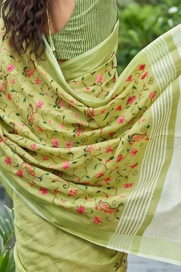 Pista_Green_Linen_Cotton_Saree_With_Floral_Embroidery_Work_Default_Title