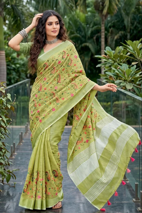 Pista_Green_Linen_Cotton_Saree_With_Floral_Embroidery_Work_Default_Title