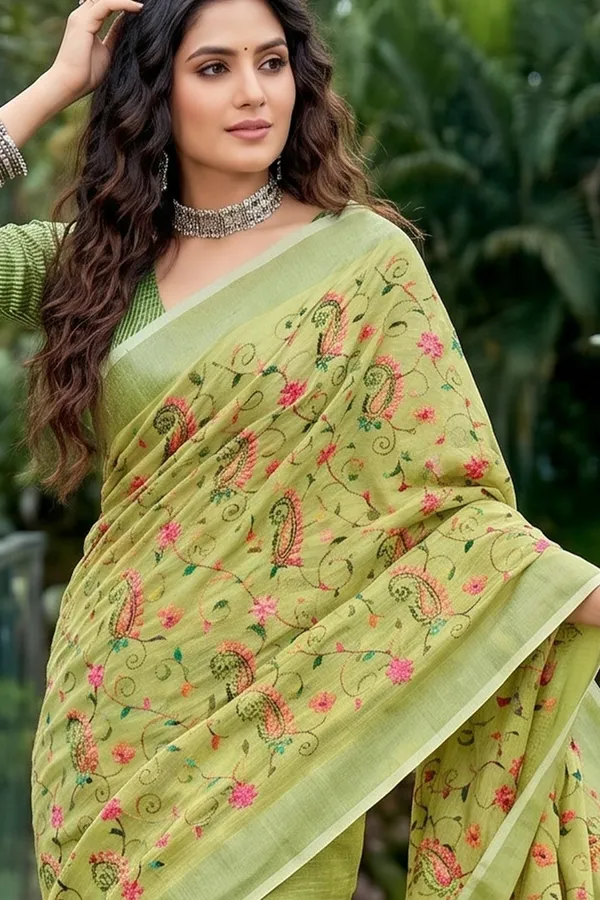 Pista_Green_Linen_Cotton_Saree_With_Floral_Embroidery_Work_Default_Title