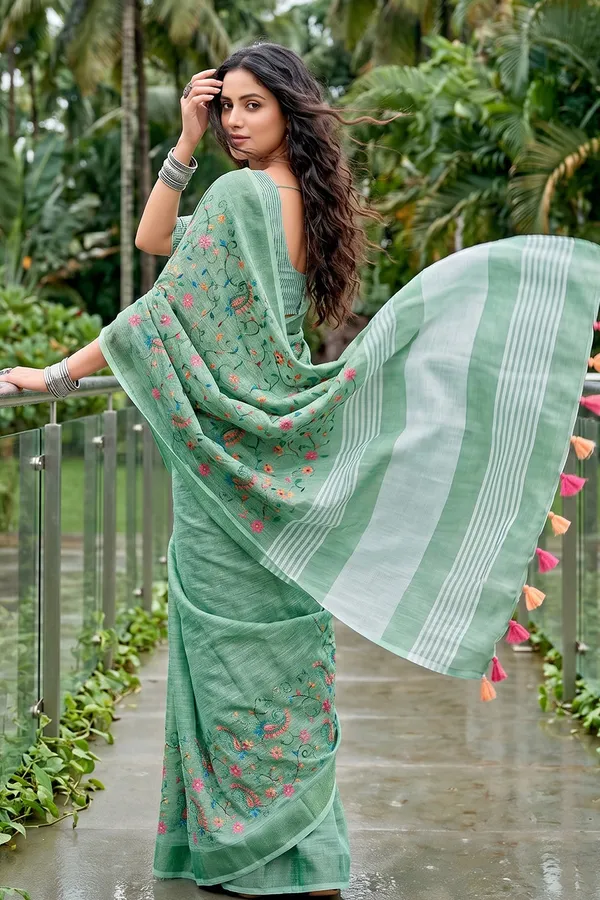 Sea_Green_Linen_Cotton_Saree_With_Floral_Embroidery_Work_Default_Title
