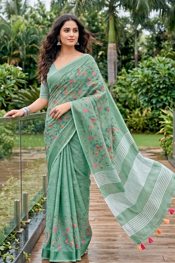 Sea_Green_Linen_Cotton_Saree_With_Floral_Embroidery_Work_Default_Title