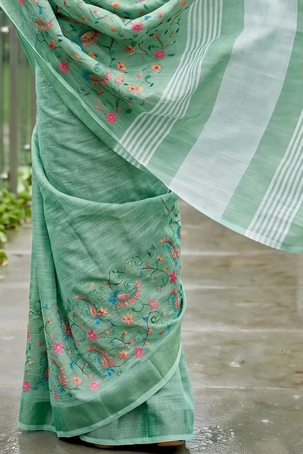 Sea_Green_Linen_Cotton_Saree_With_Floral_Embroidery_Work_Default_Title