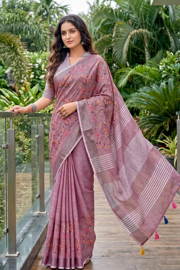 Onion_Pink_Mauve_Linen_Cotton_Saree_With_Floral_Embroidery_Work_Default_Title
