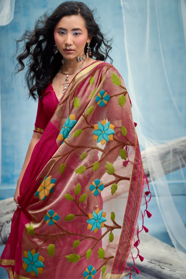 Rani_Pink_Linen_Organza_Saree_With_Floral_Organza_Pallu_Zari_Border_Default_Title