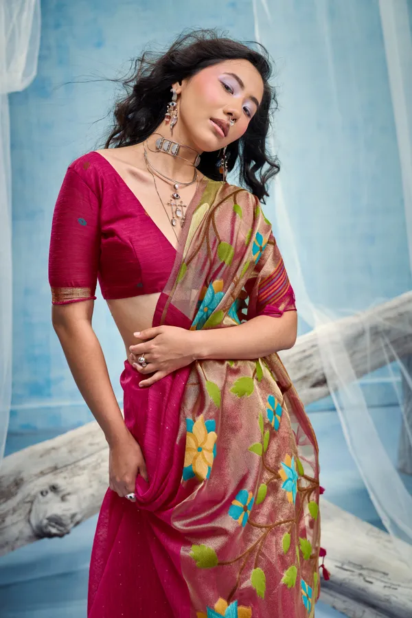 Rani_Pink_Linen_Organza_Saree_With_Floral_Organza_Pallu_Zari_Border_Default_Title