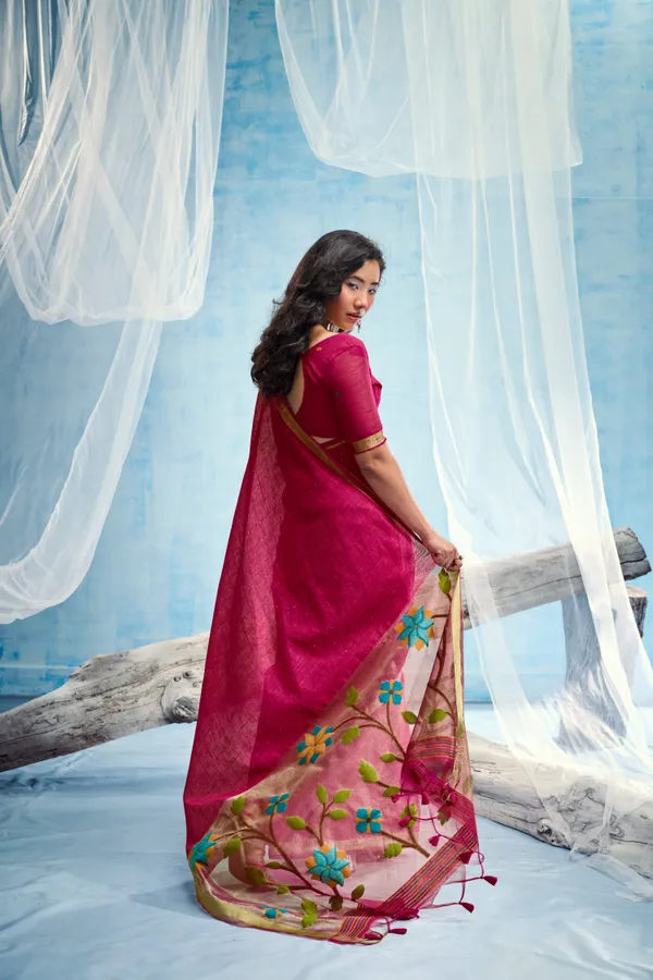 Rani_Pink_Linen_Organza_Saree_With_Floral_Organza_Pallu_Zari_Border_Default_Title