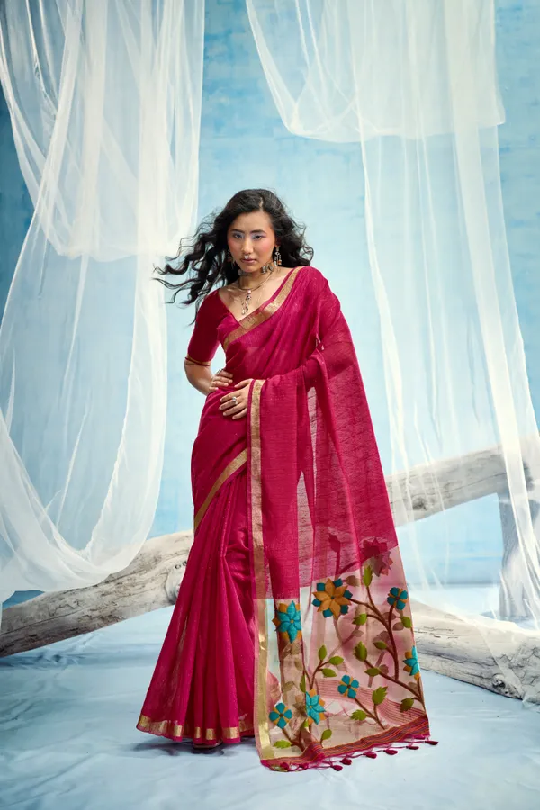 Rani_Pink_Linen_Organza_Saree_With_Floral_Organza_Pallu_Zari_Border_Default_Title