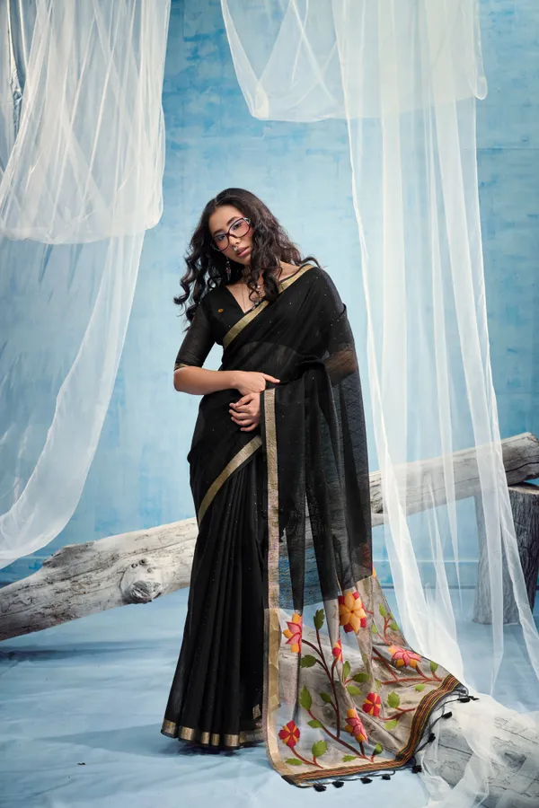 Jet_Black_Linen_Organza_Saree_With_Floral_Organza_Pallu_Zari_Border_Default_Title