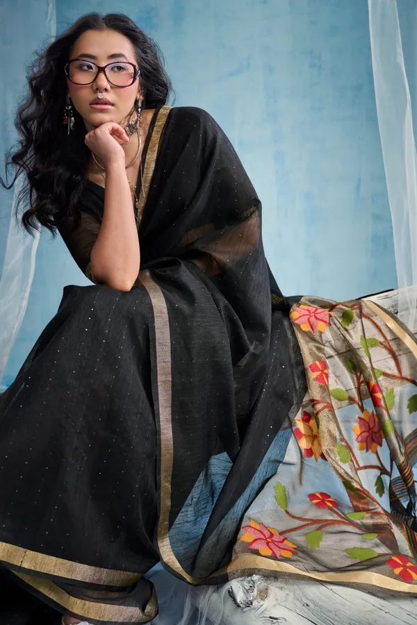 Jet_Black_Linen_Organza_Saree_With_Floral_Organza_Pallu_Zari_Border_Default_Title