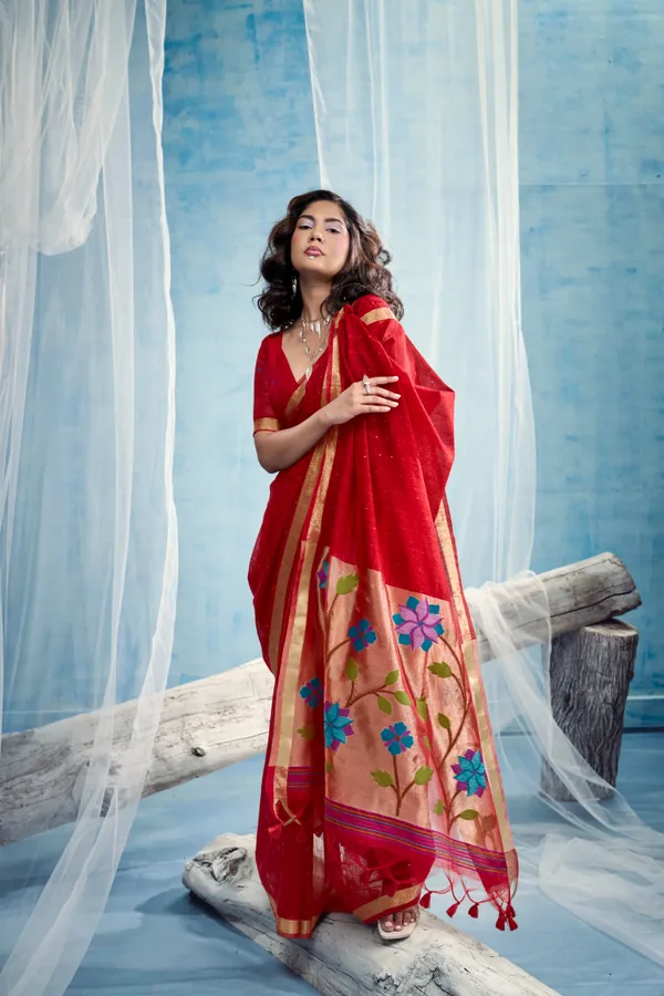 Crimson_Red_Linen_Organza_Saree_With_Subtle_Butti_Zari_Border_Default_Title