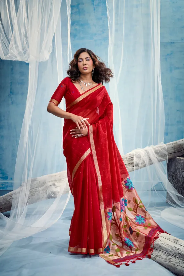 Crimson_Red_Linen_Organza_Saree_With_Subtle_Butti_Zari_Border_Default_Title