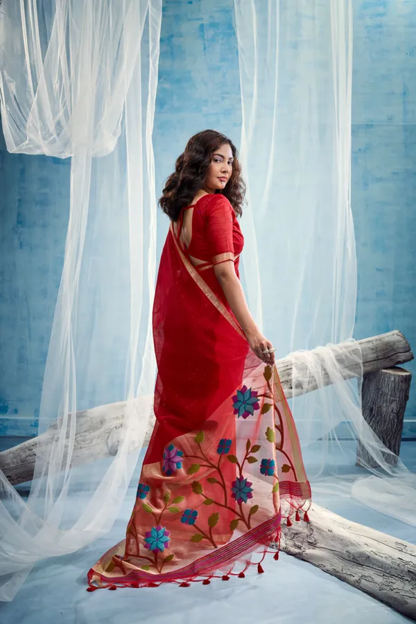 Crimson_Red_Linen_Organza_Saree_With_Subtle_Butti_Zari_Border_Default_Title
