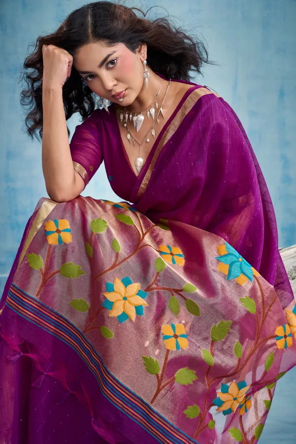 Plum_Purple_Linen_Organza_Saree_With_Floral_Organza_Pallu_Zari_Border_Default_Title