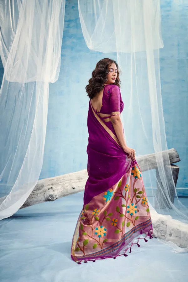 Plum_Purple_Linen_Organza_Saree_With_Floral_Organza_Pallu_Zari_Border_Default_Title