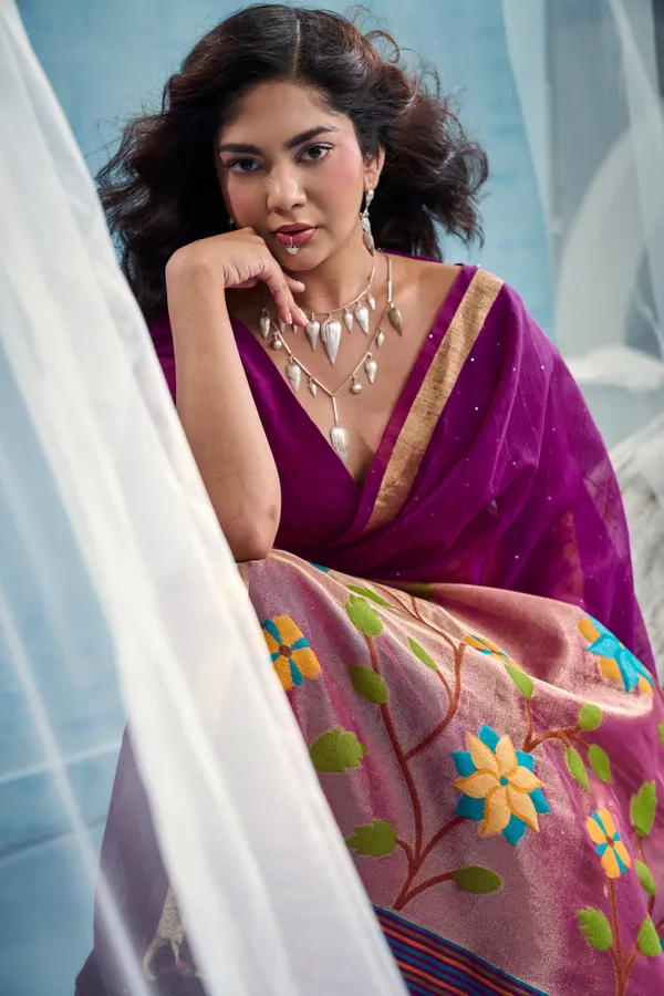 Plum_Purple_Linen_Organza_Saree_With_Floral_Organza_Pallu_Zari_Border_Default_Title