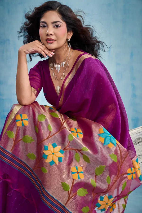 Plum_Purple_Linen_Organza_Saree_With_Floral_Organza_Pallu_Zari_Border_Default_Title