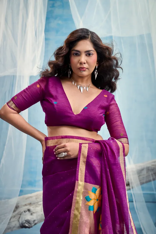 Plum_Purple_Linen_Organza_Saree_With_Floral_Organza_Pallu_Zari_Border_Default_Title