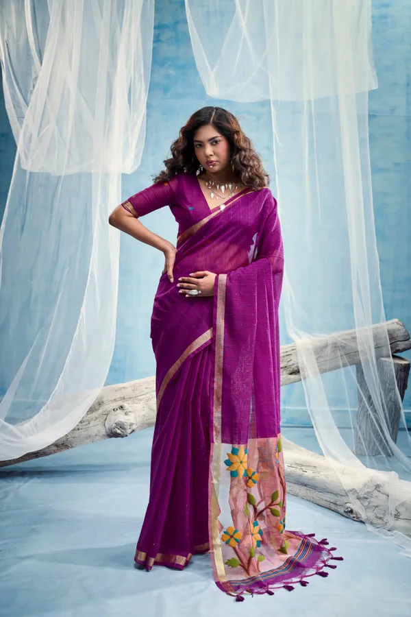 Plum_Purple_Linen_Organza_Saree_With_Floral_Organza_Pallu_Zari_Border_Default_Title