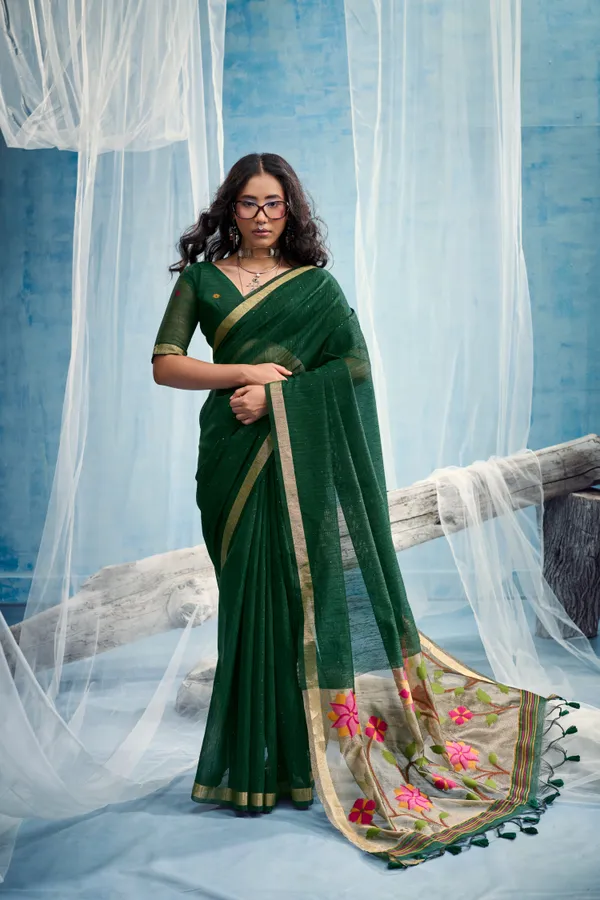 Bottle_Green_Linen_Organza_Saree_With_Floral_Organza_Pallu_Zari_Border_Default_Title