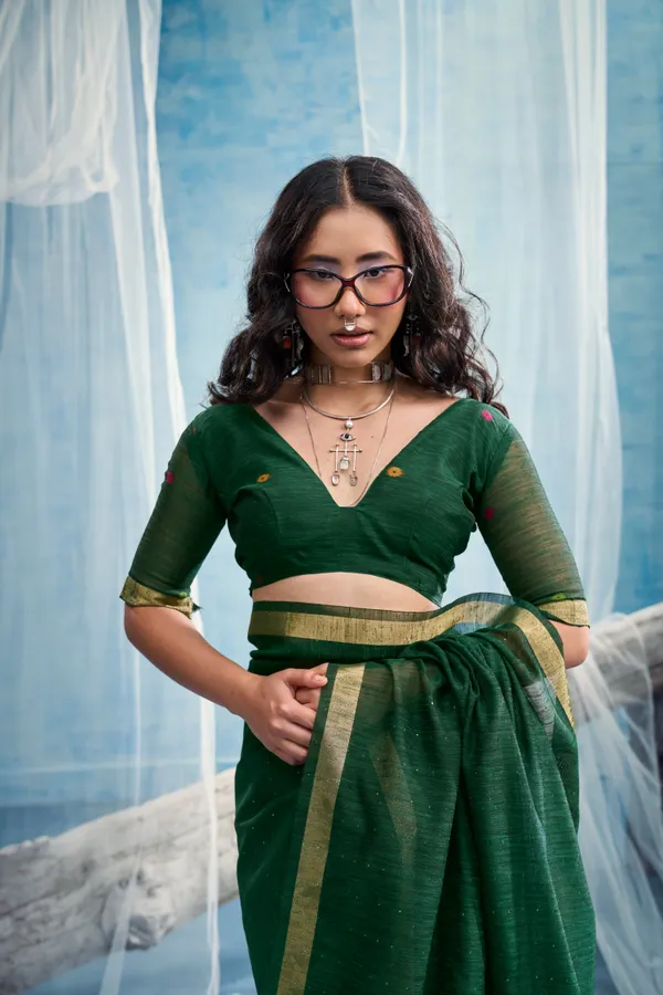 Bottle_Green_Linen_Organza_Saree_With_Floral_Organza_Pallu_Zari_Border_Default_Title