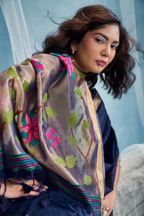 Navy_Blue_Linen_Organza_Saree_With_Floral_Organza_Pallu_Zari_Border_Default_Title