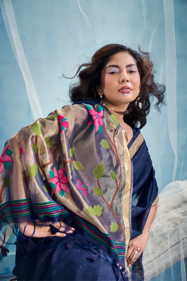 Navy_Blue_Linen_Organza_Saree_With_Floral_Organza_Pallu_Zari_Border_Default_Title