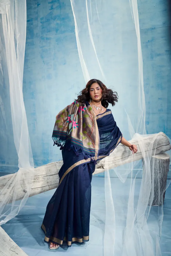 Navy_Blue_Linen_Organza_Saree_With_Floral_Organza_Pallu_Zari_Border_Default_Title