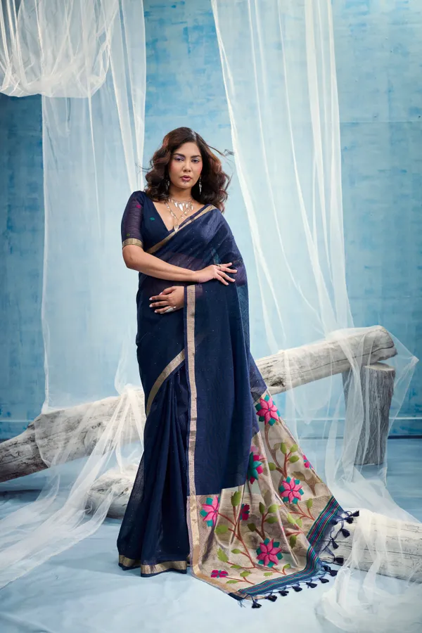 Navy_Blue_Linen_Organza_Saree_With_Floral_Organza_Pallu_Zari_Border_Default_Title