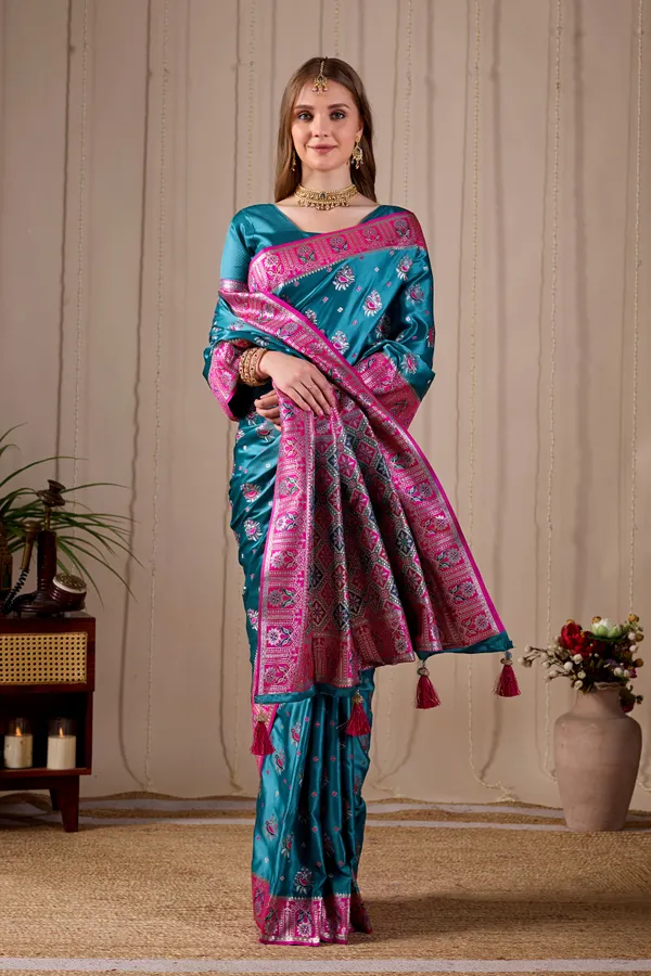 Teal_Blue_Banarasi_Kanjivaram_Silk_Saree_With_Rich_Pink_Zari_Work_Default_Title