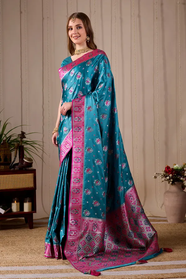 Teal_Blue_Banarasi_Kanjivaram_Silk_Saree_With_Rich_Pink_Zari_Work_Default_Title