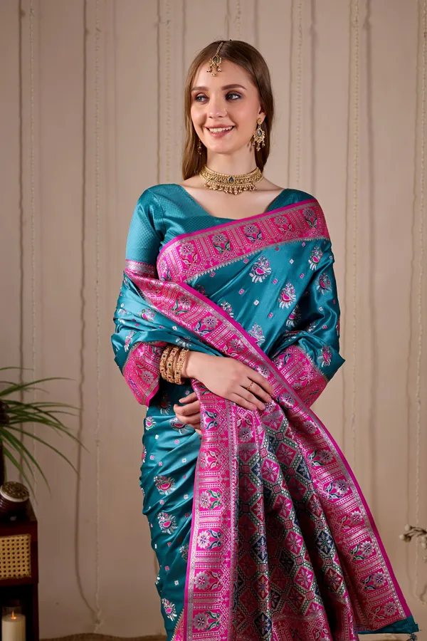 Teal_Blue_Banarasi_Kanjivaram_Silk_Saree_With_Rich_Pink_Zari_Work_Default_Title