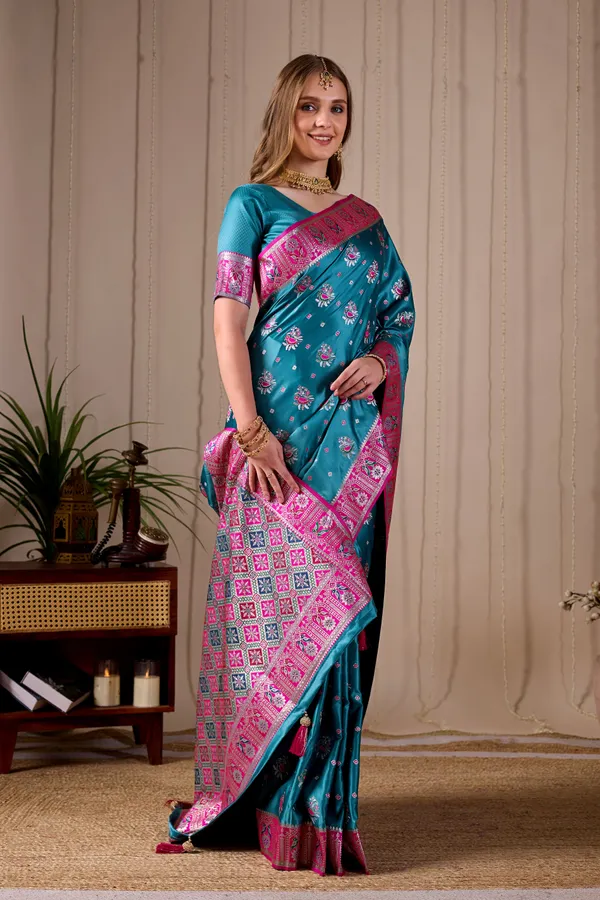 Teal_Blue_Banarasi_Kanjivaram_Silk_Saree_With_Rich_Pink_Zari_Work_Default_Title