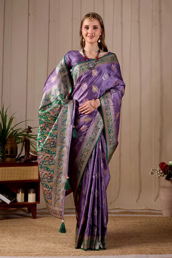 Lavender_Purple_Banarasi_Kanjivaram_Silk_Saree_With_Rich_Green_Zari_Work_Default_Title