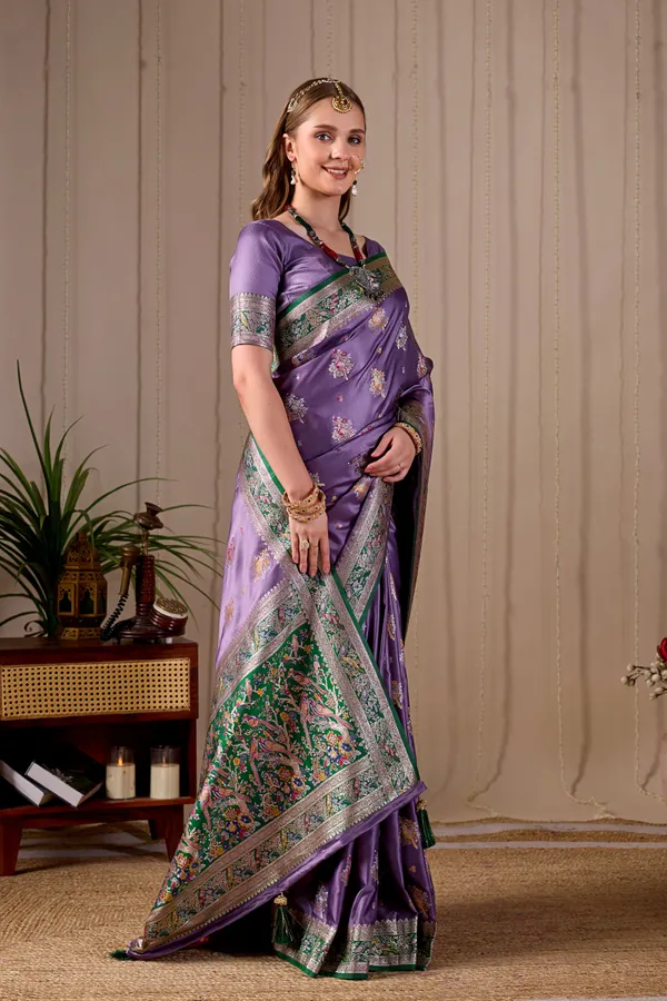 Lavender_Purple_Banarasi_Kanjivaram_Silk_Saree_With_Rich_Green_Zari_Work_Default_Title