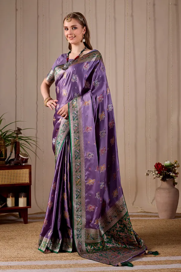 Lavender_Purple_Banarasi_Kanjivaram_Silk_Saree_With_Rich_Green_Zari_Work_Default_Title