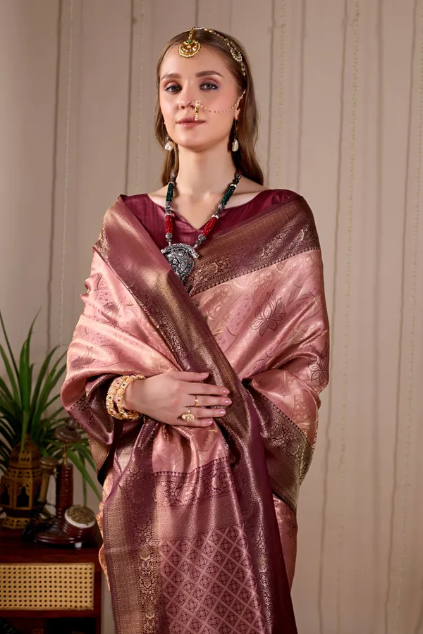 Peach_Pink_Banarasi_Kanjivaram_Silk_Saree_With_Rich_Wine_Zari_Work_Default_Title