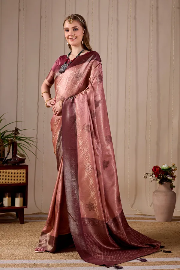 Peach_Pink_Banarasi_Kanjivaram_Silk_Saree_With_Rich_Wine_Zari_Work_Default_Title