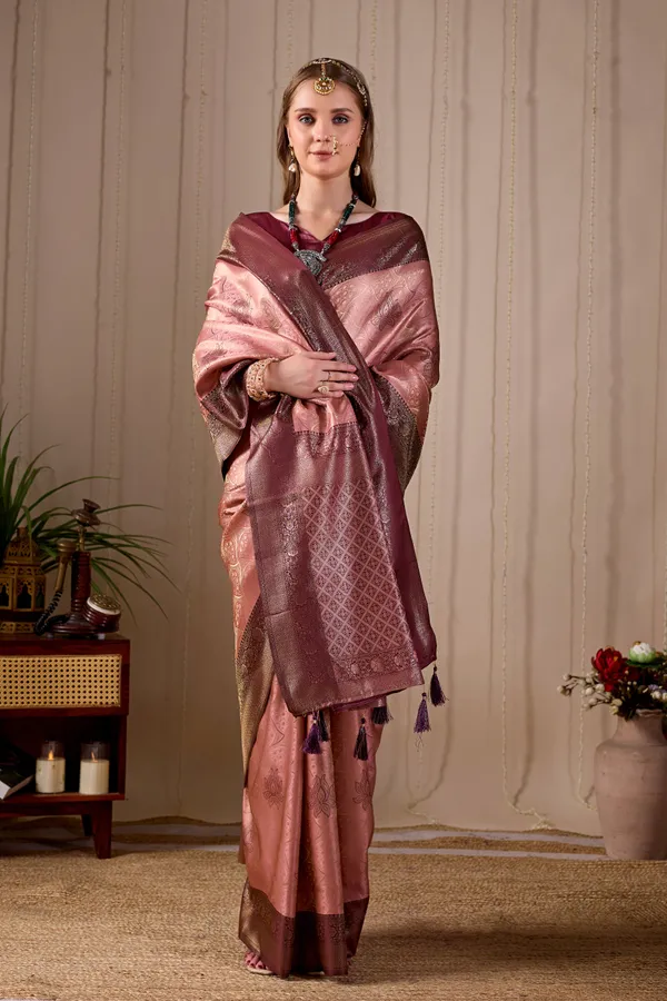 Peach_Pink_Banarasi_Kanjivaram_Silk_Saree_With_Rich_Wine_Zari_Work_Default_Title